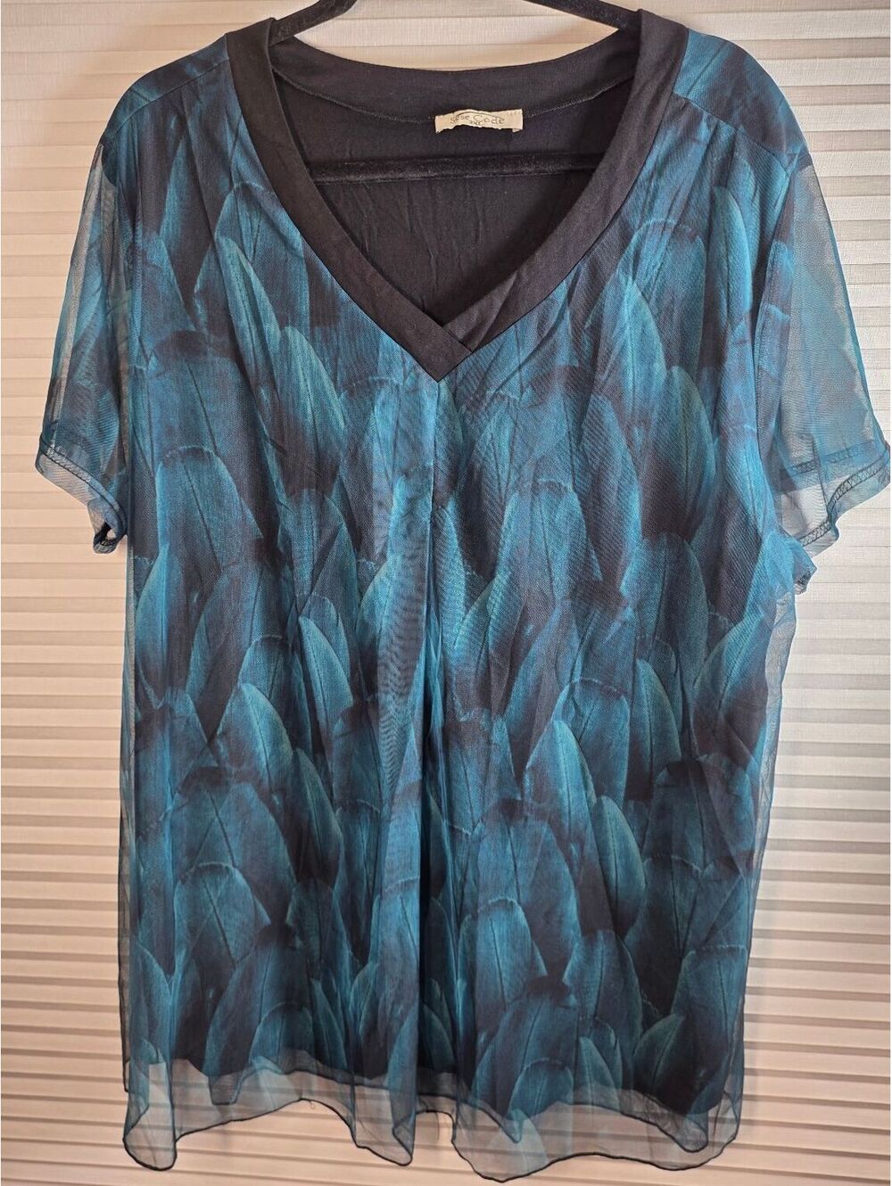 Sese Code Sheer Mesh Feather Pattern Blouse Plus Size Top 3XL‎ Teal Blue Black